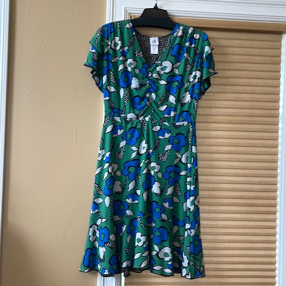 CAbi Green Floral Wrap Dress with Blue & White Accents